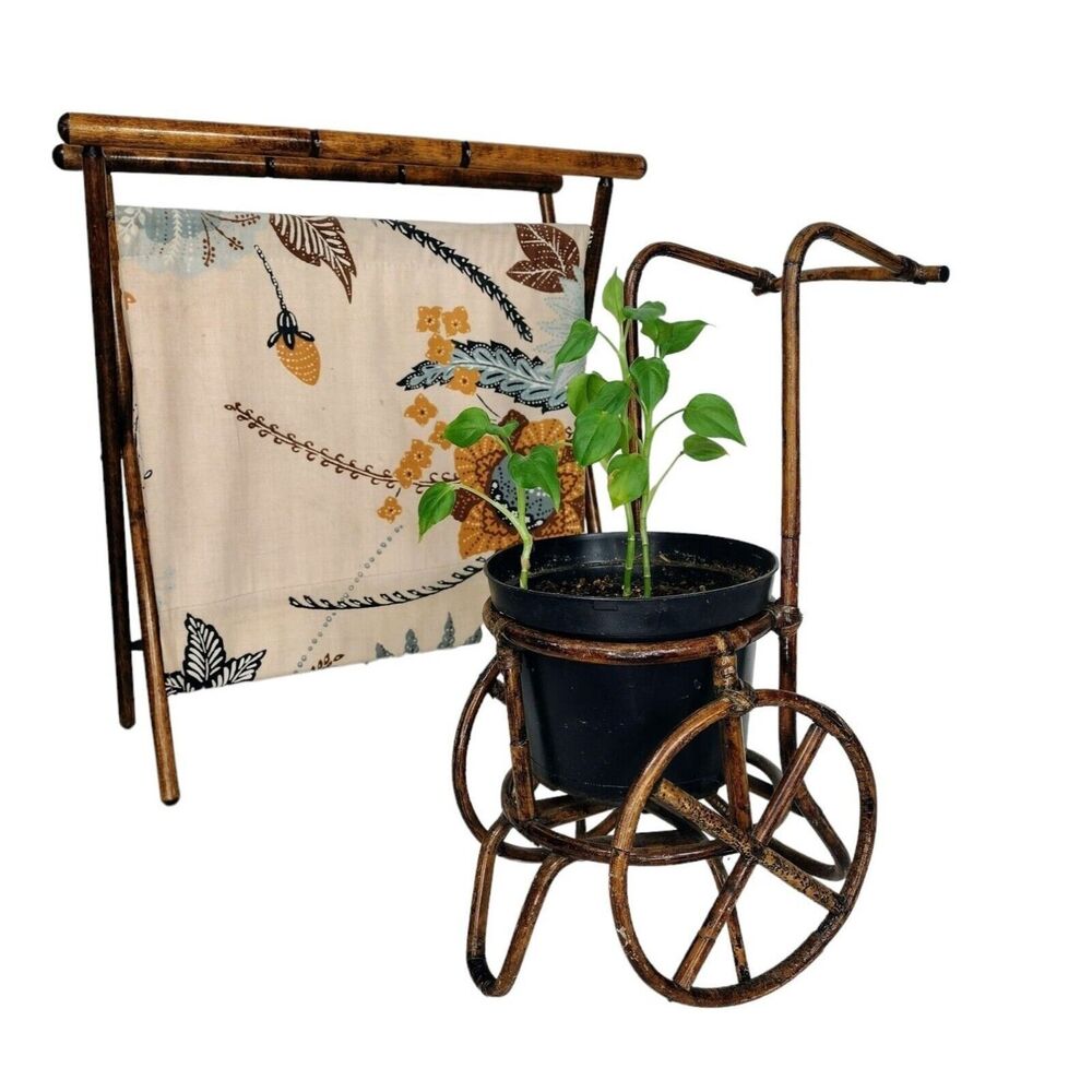 Vintage 70s Wicker Bamboo Rattan Basket Cart with Wheels Plant Holder Stand